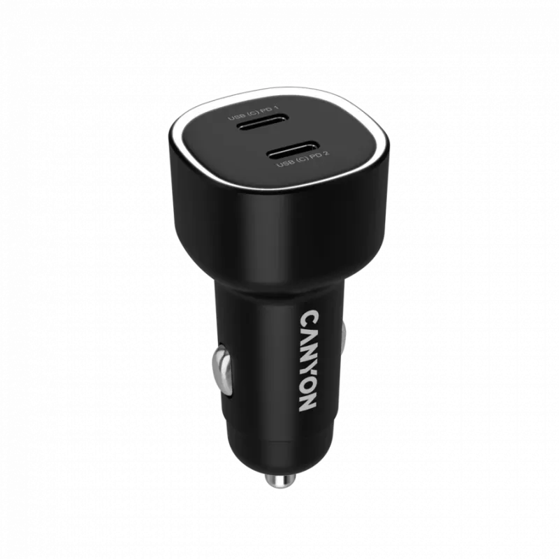Auto lādētājs CANYON OnDrive 60 PD 60W 2xUSB-C — 60 W jauda, 2 USB-C pieslēgvietas, melns