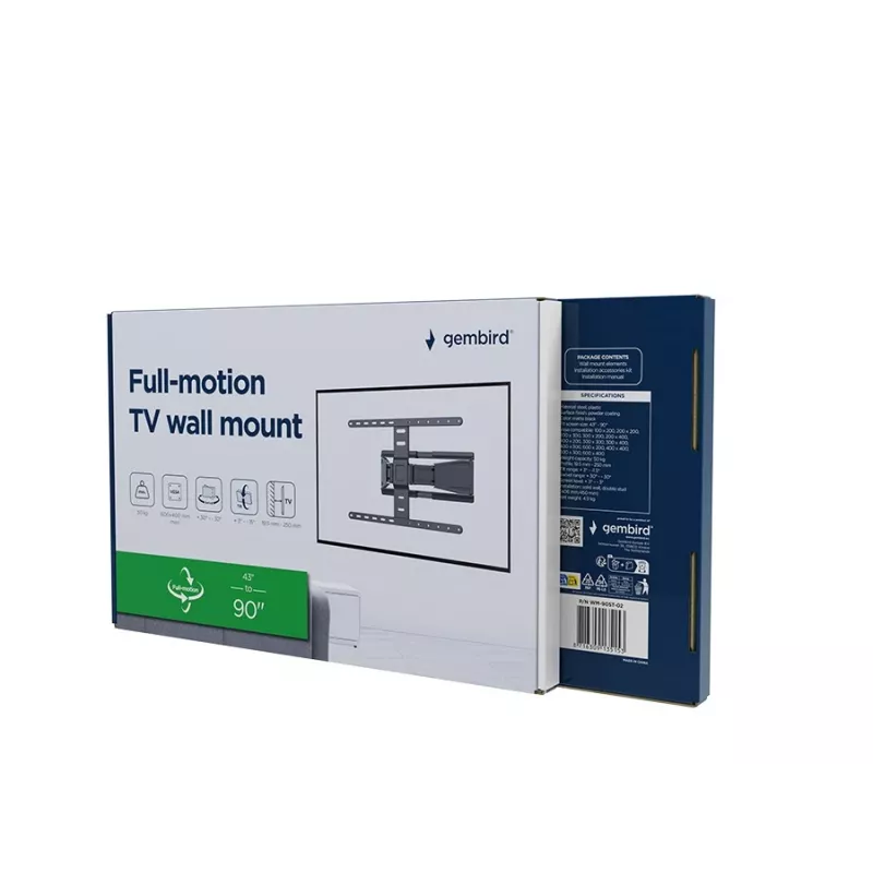 Pilnas kustības TV sienas stiprinājums GEMBIRD WM-90ST-02 43–90 collu ekrāniem, šarnīra kronšteins, VESA 100x200–600x400, kravnesība 50 kg