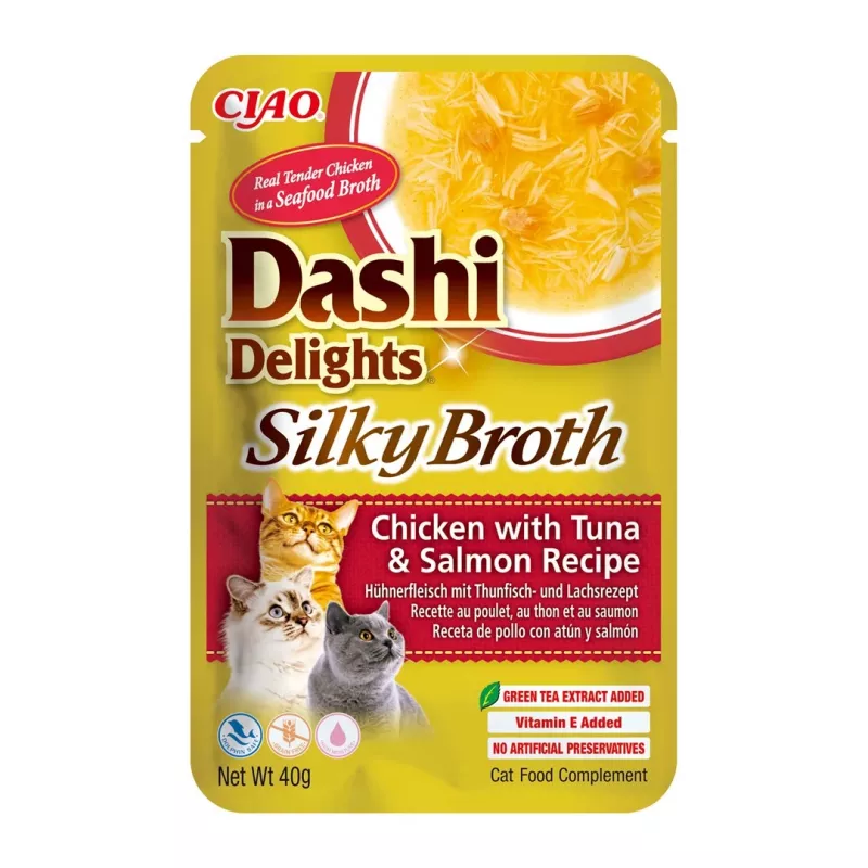Mitrā kaķu uzkoda INABA Dashi Delights Silky Broth — Vista ar tunci un lasi, 40 g paciņa, 93% mitrums, diētisks gremošanas atbalsts