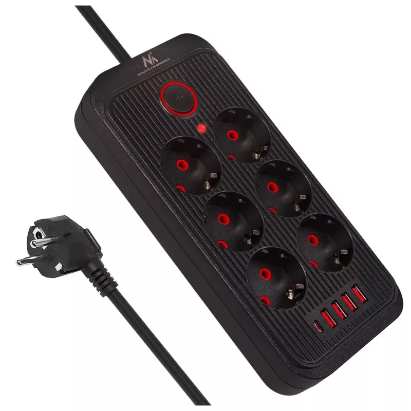 Strāvas sadalītājs MACLEAN MCE391 B – 6 rozetes, 4×USB-A + 1×USB-C, 110–240V, 2500W, 3 m kabelis, melns