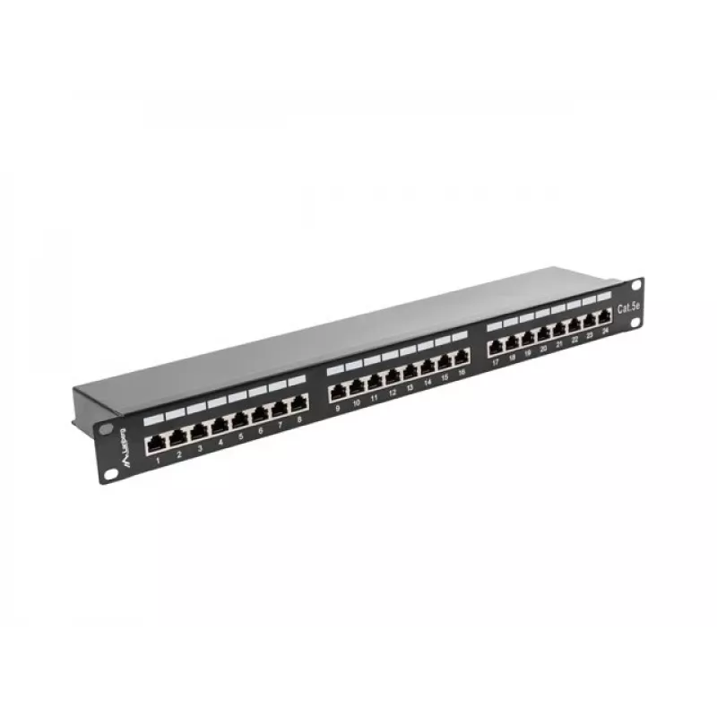 Plāksteru panelis 1U LANBERG PPS5-1024-B — 24 portu RJ-45 Cat5, metāla, melns, montāža statīvā