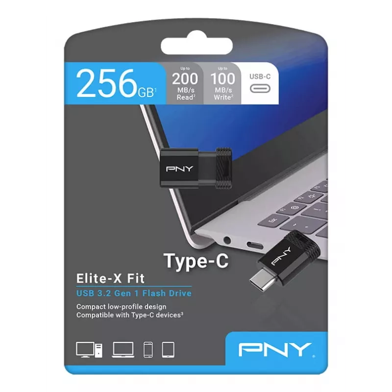 USB zibatmiņa PNY Elite-X 256 GB USB Type-C 3.2 Gen 1 (Lasīšanas ātrums 200 MB/s, Rakstīšanas ātrums 100 MB/s) Melna