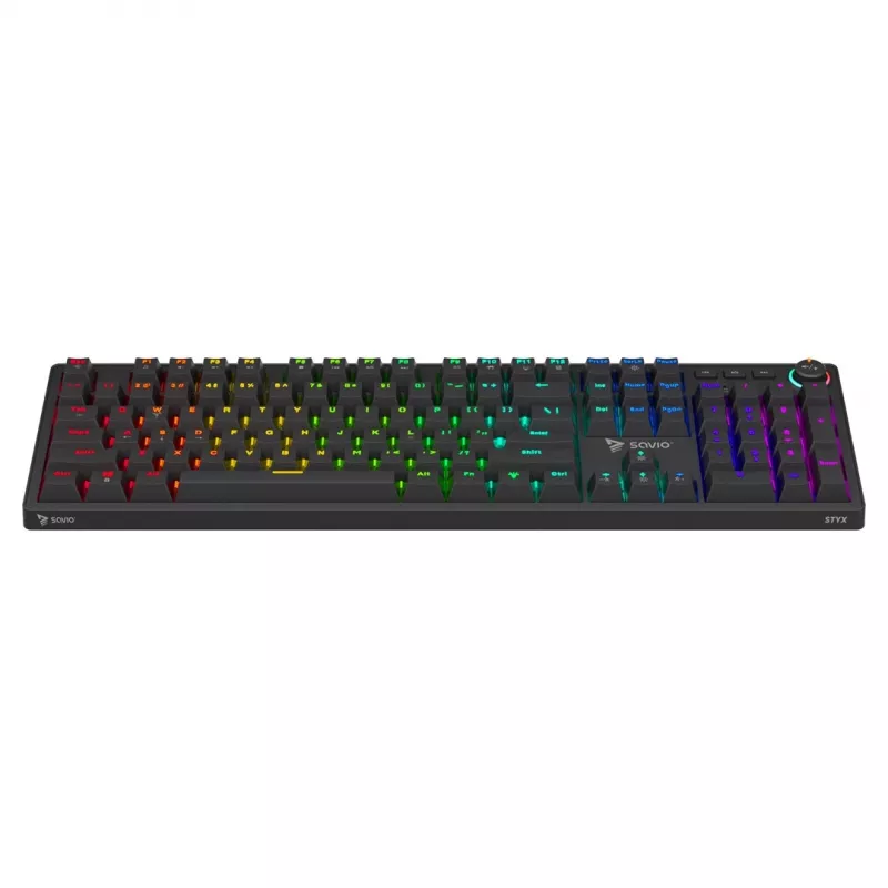 Mehāniskā spēļu klaviatūra SAVIO STYX Outemu Blue Hot-Swap RGB USB QWERTY US International melna 104 taustiņu pilnizmēra