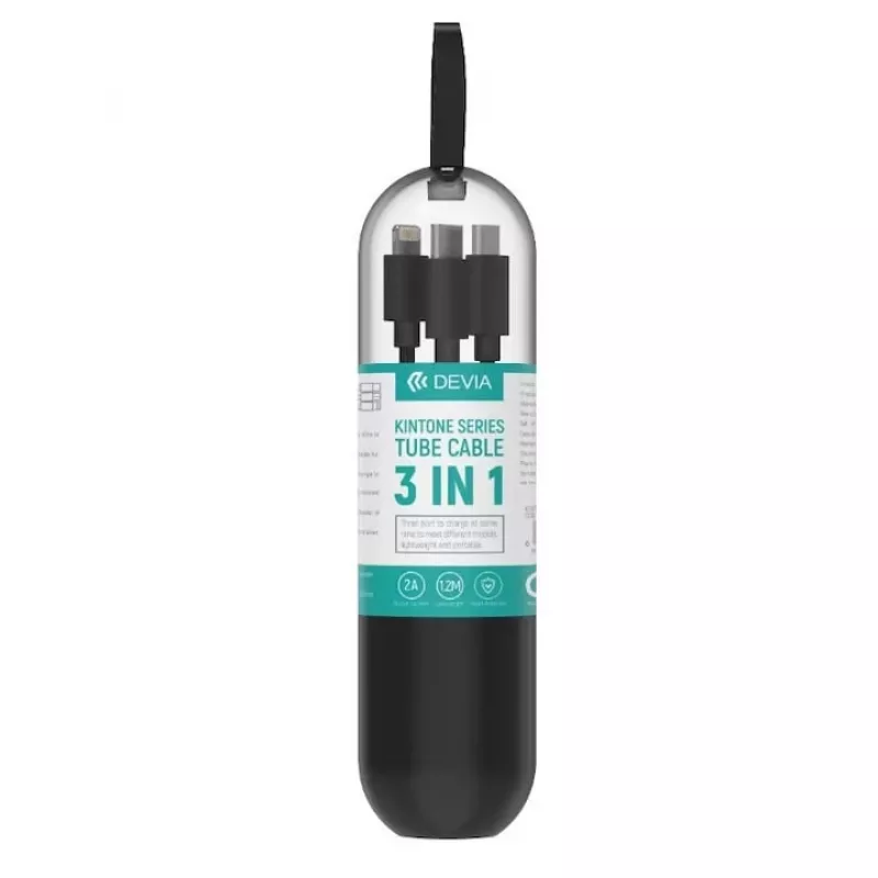 USB 3-in-1 uzlādes/datu kabelis Devia Kintone Series — Lightning, Micro-USB, USB-C, 1,2 m, melns