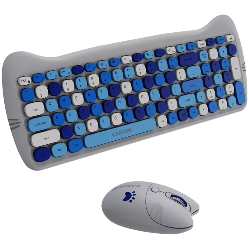 Bezvadu tastatūras un peles komplekts CANYON HSET-W6 Kitty Edition AAA AA Zils