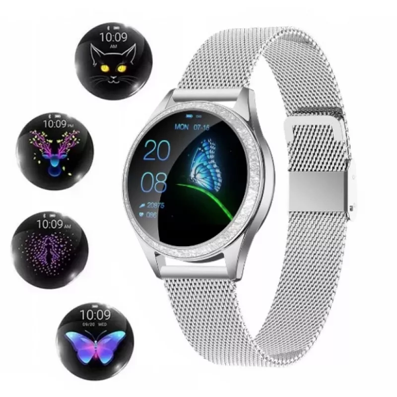 Smartwatch ORO-MED ORO-SMART CRYSTAL SILVER — apaļš metāla korpuss, LCD 240×198, 1,04 collu displejs, Bluetooth 4.0, ūdensizturīgs, 120 mAh baterija