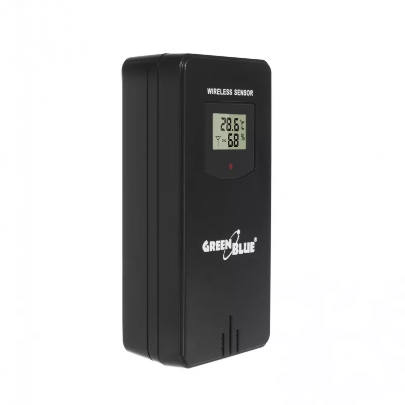 Hygrometer Thermometer GreenBlue GB540 — indoor 0–50°C / outdoor -20–65°C, DCF pulkstenis, āra sensors 60 m, melns