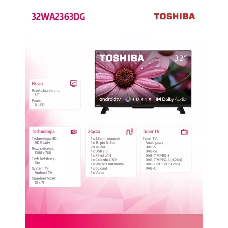TV Toshiba 32WA2363DG 32 collas HD DLED 1366 x 768