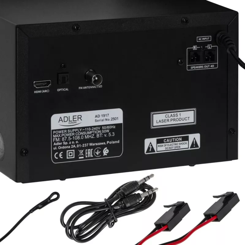 Mini Hi‑Fi stereo sistēma Adler AD 1917 — Bluetooth V5.3, CD/USB/MP3, 2×25W RMS, FM uztvērējs, 4 joslu EQ, AUX, melna