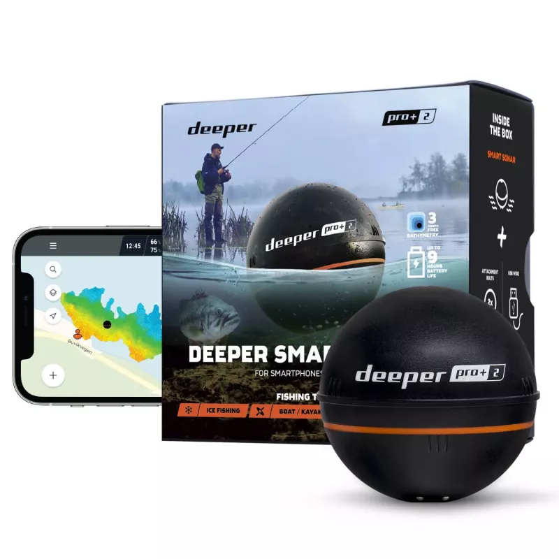 Portable fish finder deeper Smart Sonar PRO+ 2 sonar 675 kHz, 100 m range, 65×65×65 mm, Li‑Ion 950 mAh