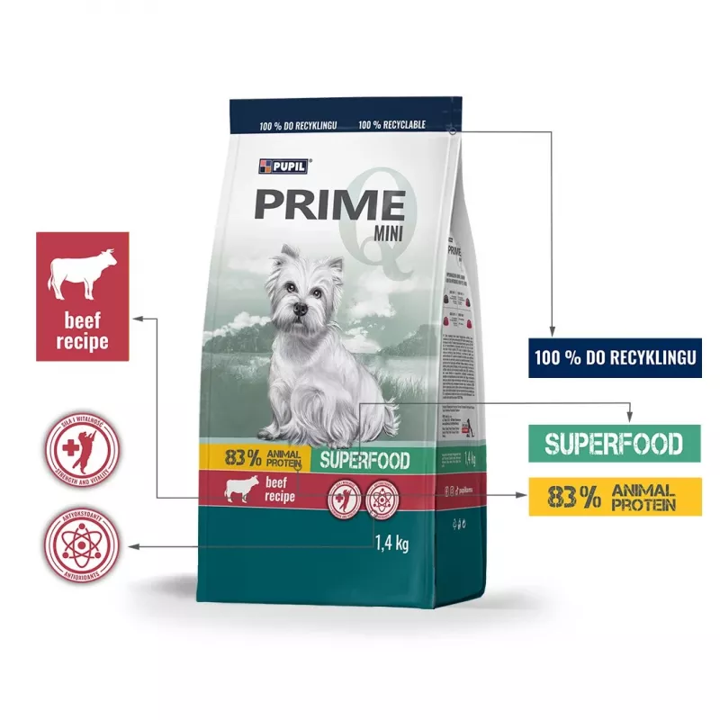 PUPIL Prime Mini bagāta ar liellopu gaļu un aknām - sausā suņu barība - 1,4 kg