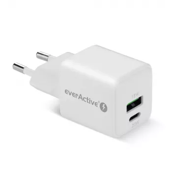 Sienas lādētājs everActive SC-330Q ar 1x USB-A un 1x USB-C pieslēgvietām, 20 W, balts