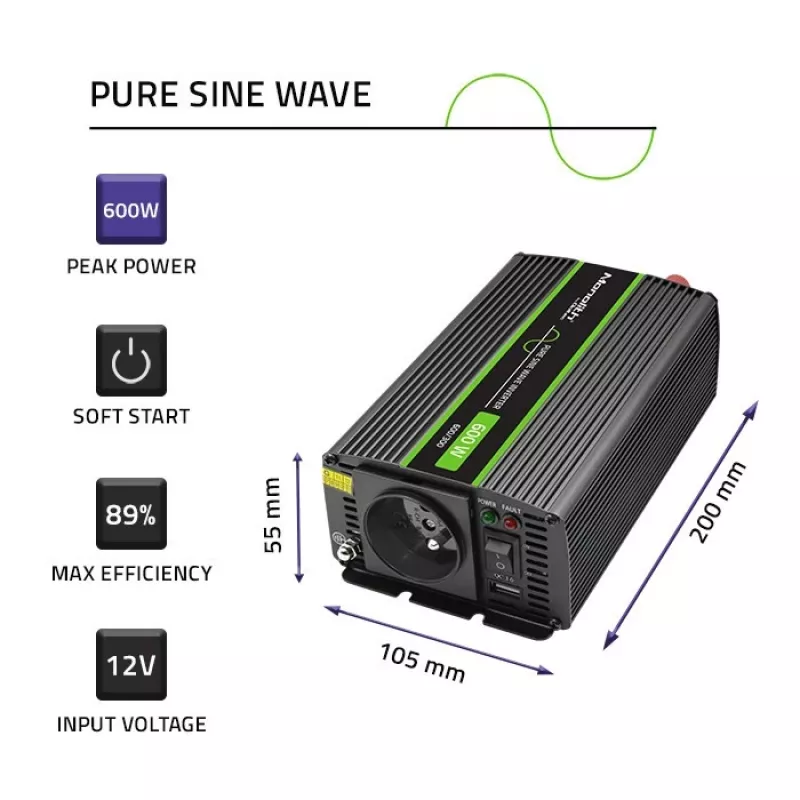 Qoltec Monolith tīkla adaptera invertors Auto 600 W 12 V