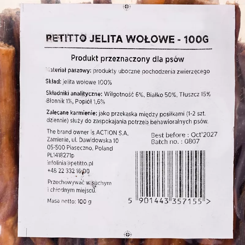 Suņu košļājamā našķe PETITTO Beef Intestine Treat 100 g — vienas sastāvdaļas dabīga košļājamā našķe suņiem