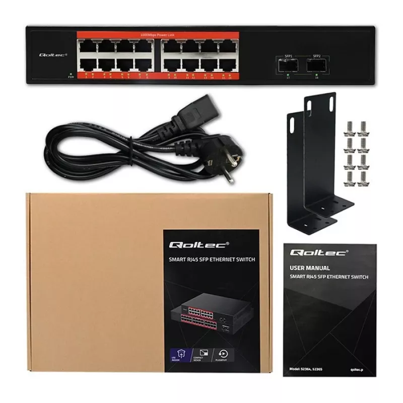 Tīkla slēdzis QOLTEC 52364 — Gigabit Ethernet PoE 16xRJ45, 2xSFP