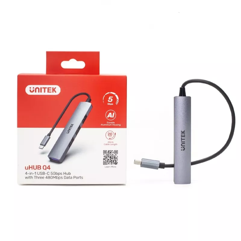 USB-C centrmezgls Unitek H1208B — 1x USB-A 5 Gbps, 3x USB-A 2.0, USB-C saimniekdators, alumīnija korpuss, 0,20 m kabelis