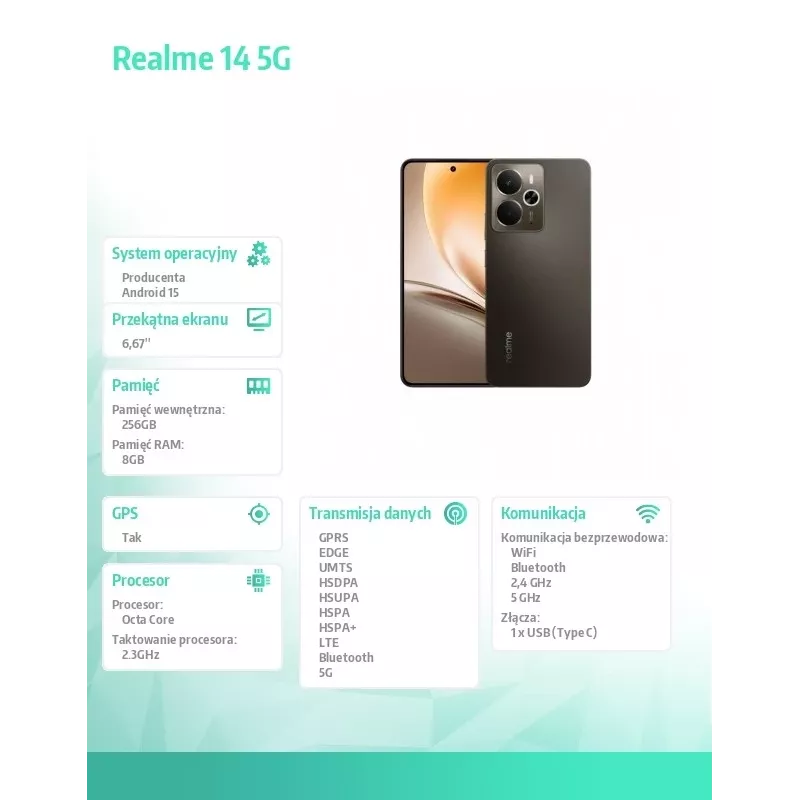 Viedtālrunis realme 14 5G 6.67 collas 8 GB 256 GB Titanium