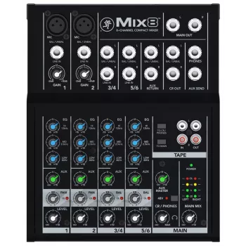 Mackie Mix8 mikseris — 8 kanālu kompakts analogais mikseris, 20–30000 Hz, 3800 Ω mikrofona ieeja, 198×244×53 mm
