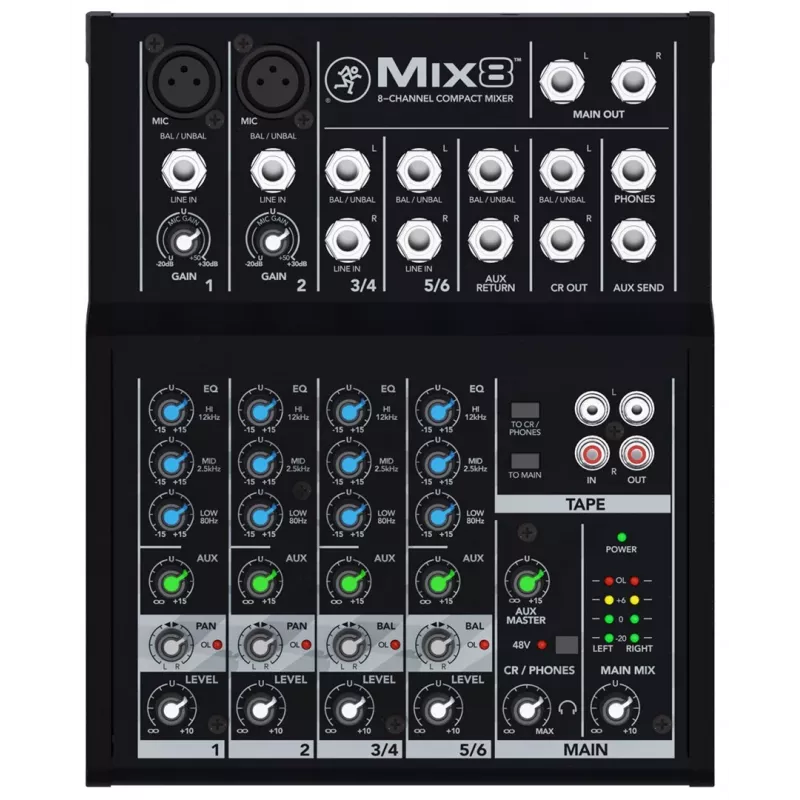 Mackie Mix8 mikseris — 8 kanālu kompakts analogais mikseris, 20–30000 Hz, 3800 Ω mikrofona ieeja, 198×244×53 mm