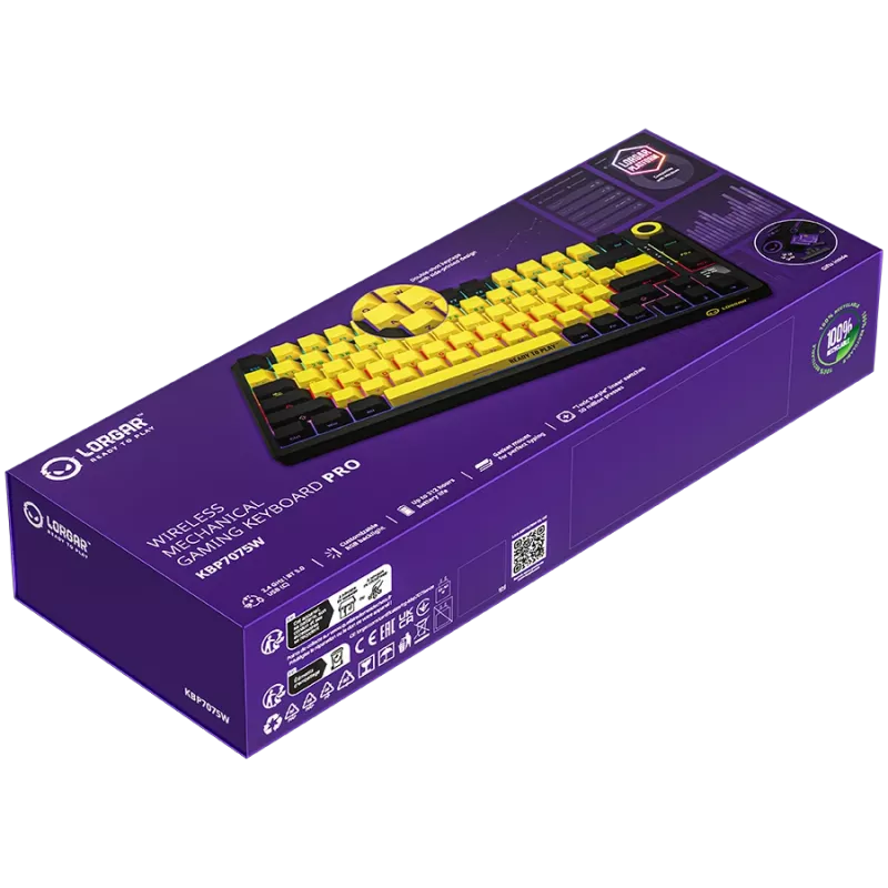 Bezvadu mehāniskā spēļu tastatūra LORGAR KBP7075W — Melna/Dzeltena, EN izkārtojums