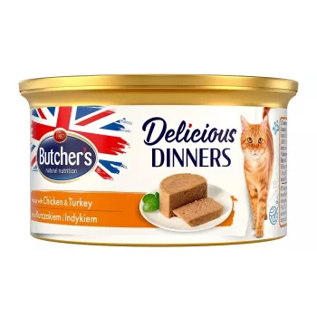 Mitrā kaķu putu barība butcher's BUTCHER'S Delicious Dinners ar vistu un tītaru, 85 g, bez graudaugiem, bez lipekļa