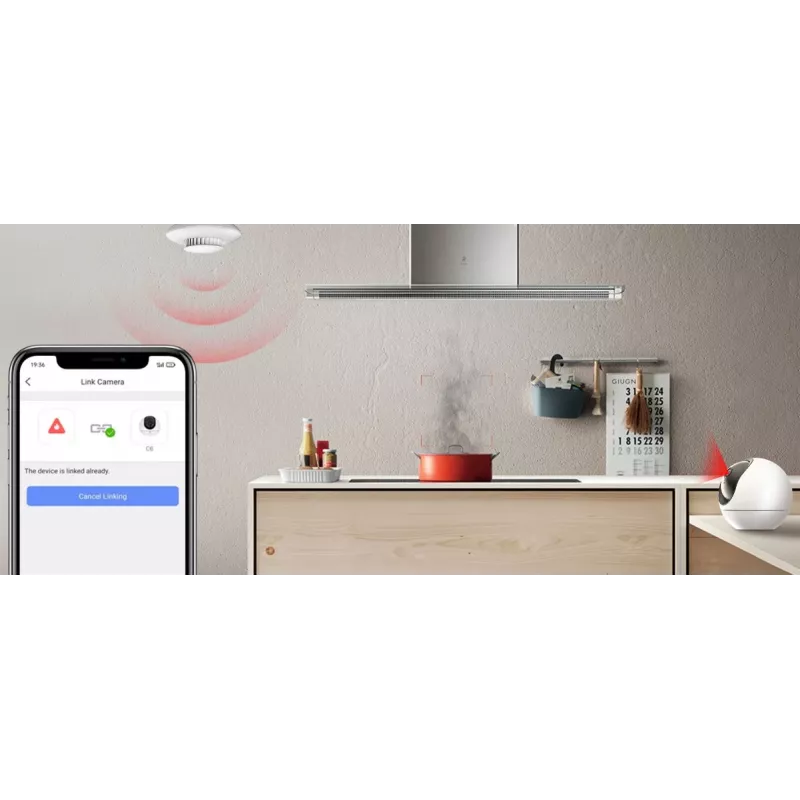 Dūmu detektors EZVIZ CS-T4C — bezvadu ZigBee, 3V litija baterija, 87×35×87 mm, 85 dB, uzstādāms pie virsmas, balts