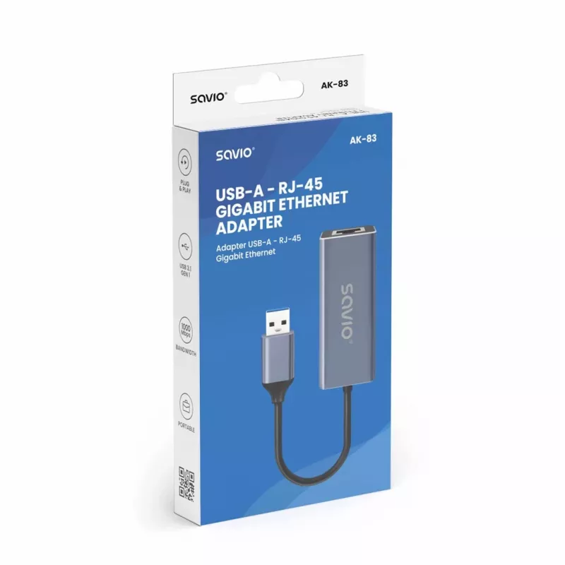 Tīkla saskarnes adapteris SAVIO AK-83 USB Type-A uz RJ-45 vīr., 5 Gbit/s, melns