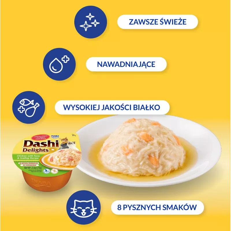 Kaķu našķis INABA Dashi Delights vistas, tunča un jūras gliemeņu buljonā 70 g — mitrais kaķu našķis, 88% mitruma, 11% olbaltumvielu