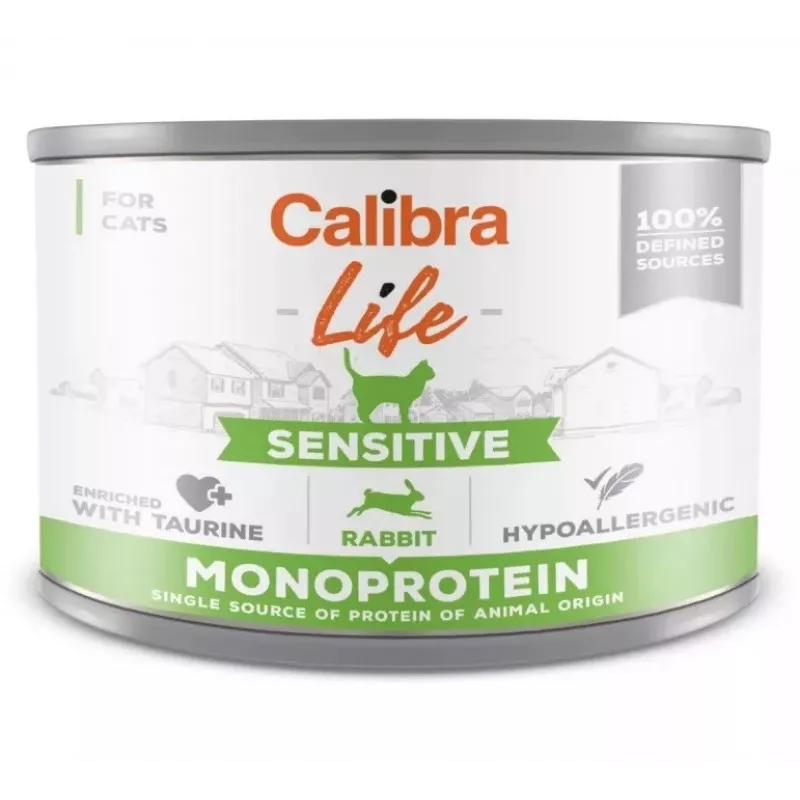 Slapjā kaķu barība Calibra Cat Life Sensitive Rabbit 200 g bundža, pieaugušiem kaķiem, pilnvērtīga barība, bez glutēna, bez cukura