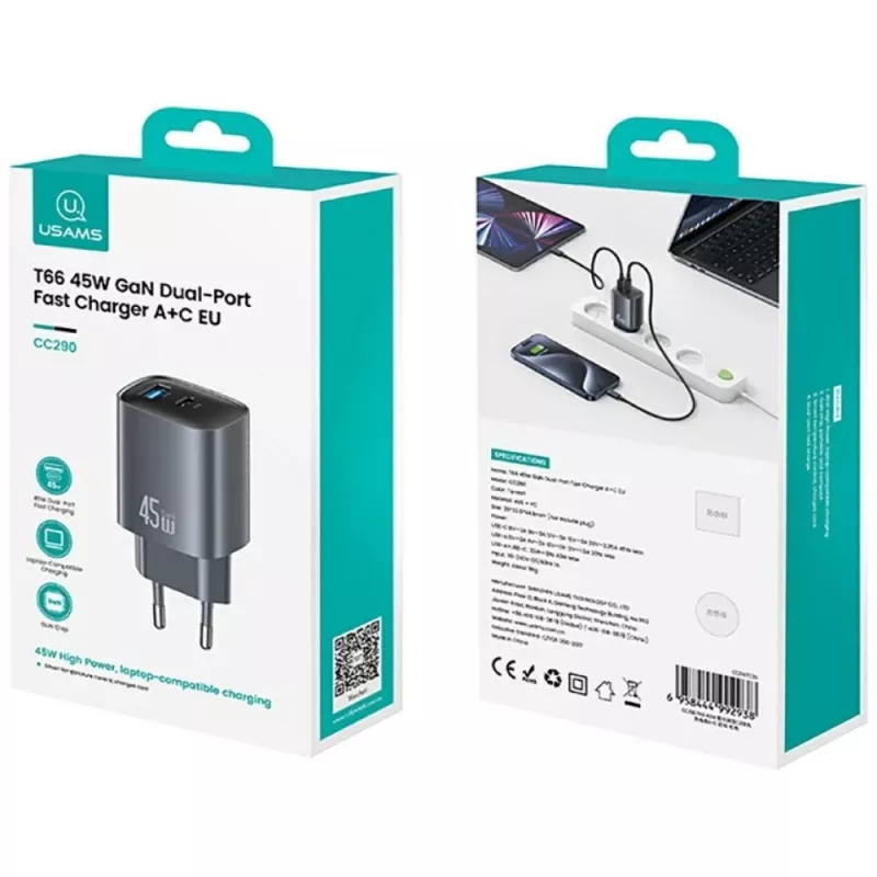 Lādētājs T66 45W GaN CC290 USB-A + USB-C