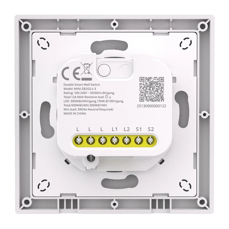 Divkanālu ZigBee sienas slēdzis Sonoff MINI-ZB2GSL-E — kompakts iebūvējams vieds slēdzis, divi releju kanāli, bez nulles vada