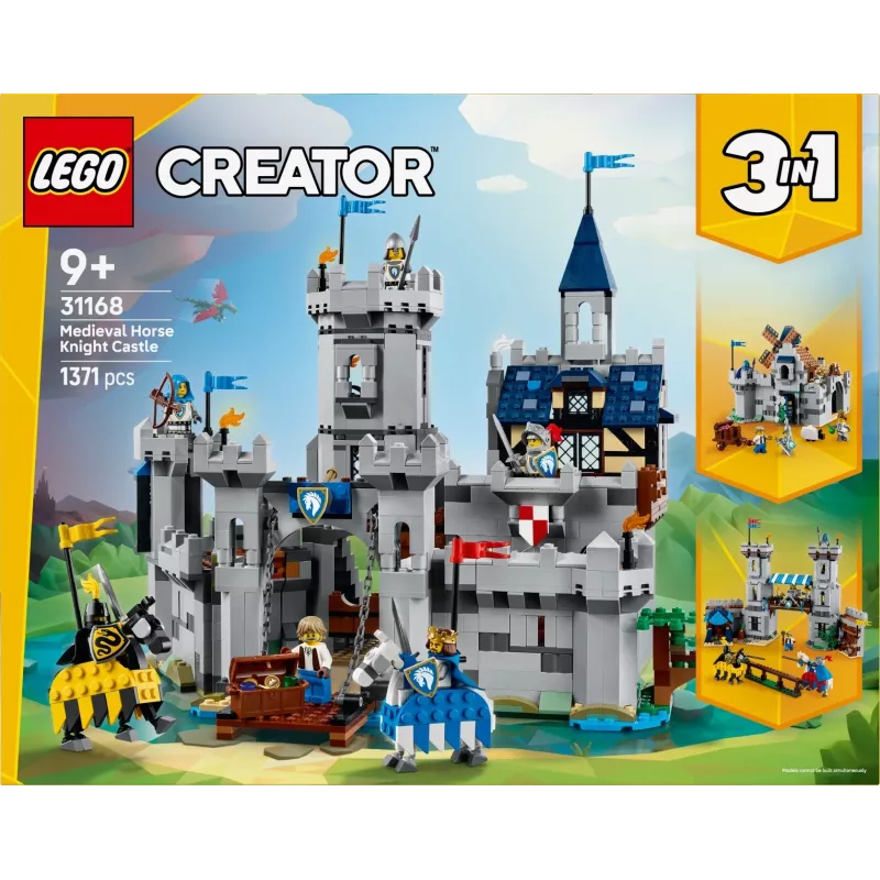 Konstruktors LEGO Creator 3-in-1 Viduslaiku bruņinieku pils komplekts 31168 — 1371 detaļas, 6 minifigūras, vecumam 9+