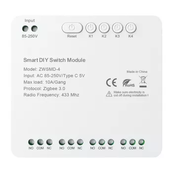 ZigBee 4-kanālu slēdža modulis ar potenciāli brīvu DC 32V kontaktu Avatto ZWSMMD-4-250V