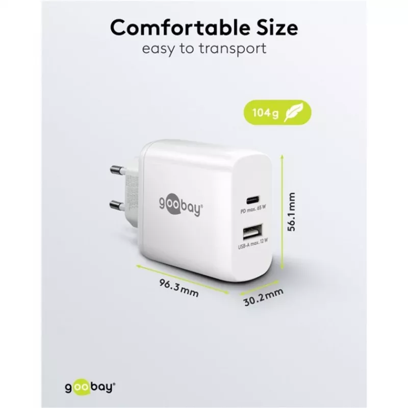 USB-C Dual-Fast lādētājs, PD, GaN, 65 vati (balts, 1x USB-C, 1x USB-A, Power Delivery)