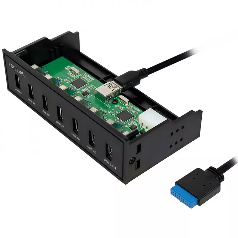 LogiLink USB 3.0 centrmezgls, 7 portu 5.25 iekšējais, ar ātrās uzlādes portu - Centrmezgls - 6 x SuperSpeed USB 3.0 + 1 x SuperSpeed USB 3.0 (uzlādei)