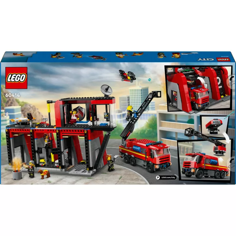 Konstrukciju rotaļlieta LEGO City Ugunsdzēsēju stacija ar grozāmo kāpņu transportlīdzekli 60414 — 843 detaļas, 5 minifigūras, 220×320×140 mm