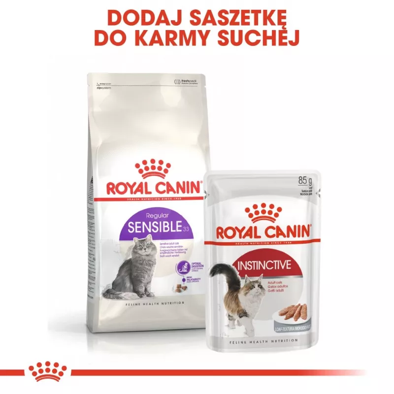 Sausā kaķu barība Royal Canin Sensible 33 Adult — 2 kg, olbaltumvielas 33%, tauki 22%, gremošanas atbalsts, mājputnu garša