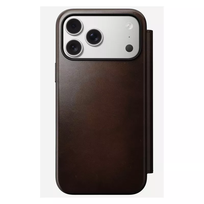 Nomad Modern Leather Folio mobilo tālruņu futrālis iPhone 17 Pro Max — brūna, āda, 6,3 collu ekrāns, 4 karšu kabatiņas