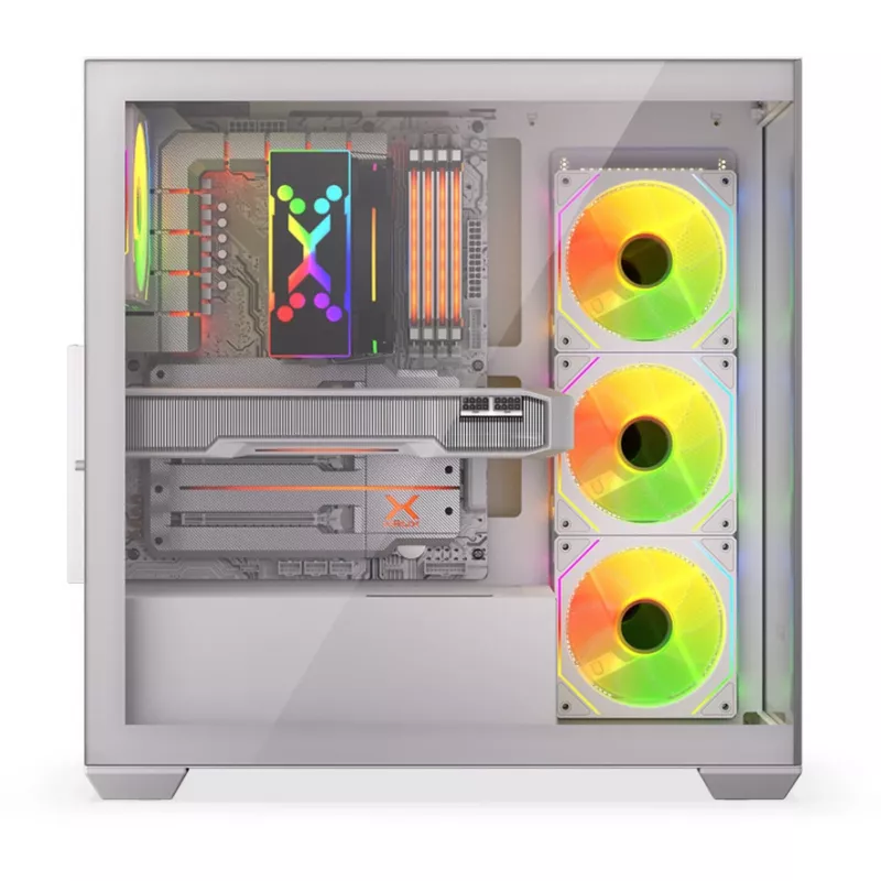 PC korpuss KRUX Exo RGB balta — ATX tornis, tērauds, 2x3,5 collu + 2x2,5 collu nodalījumi, USB-C, RGB