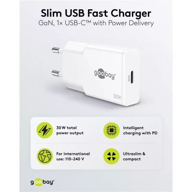 USB-C PD GaN ātrais lādētājs plāns (30 W) (balts)