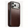 Nomad Modern Leather Folio mobilo tālruņu futrālis iPhone 17 Pro Max — brūna, āda, 6,3 collu ekrāns, 4 karšu kabatiņas