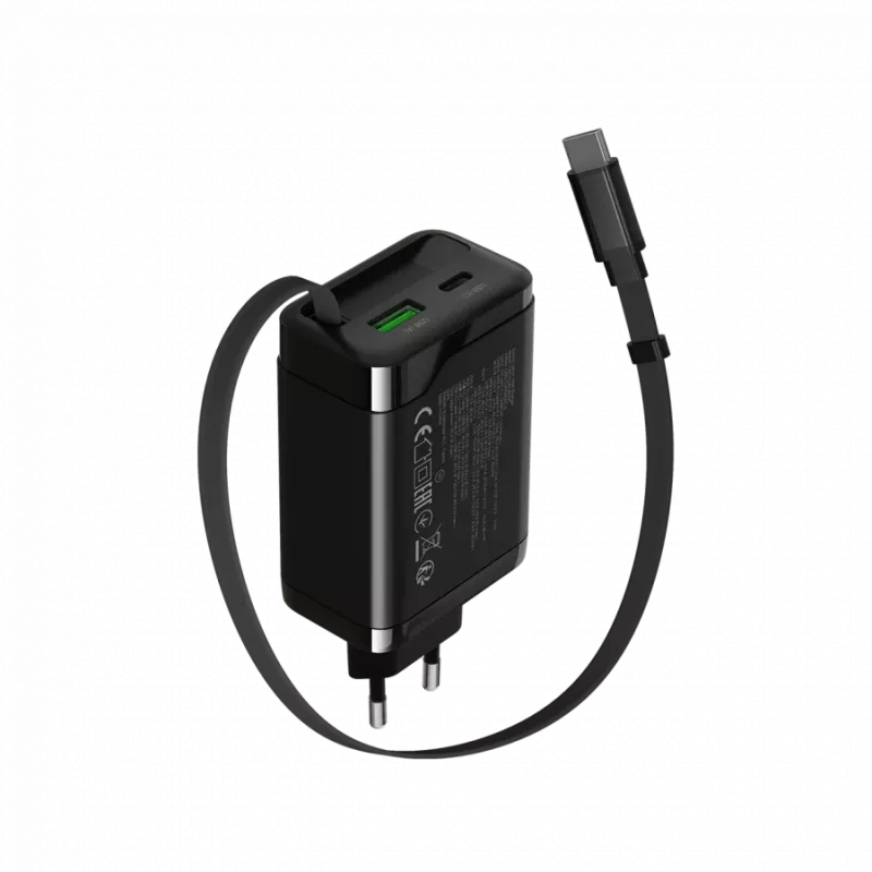 Lādētājs CANYON OnCharge 65RC ar iebūvētu USB-C vadu, 65W, 1x PD, 1x QC, ES kontaktdakša, melns