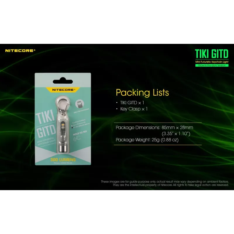 Atslēgu piekariņa lukturītis Nitecore TIKI GITD Pelēks — USB uzlādējams, 1 lm, 55 mm, 12 g, IP66