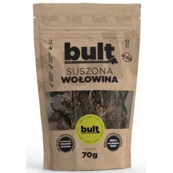 BULT Eko kaltēta liellopa gaļa suņiem 70 g — vienas sastāvdaļas dehidrēta liellopa gaļas uzkoda suņiem, olbaltumvielas 67,2%, tauki 15,7%