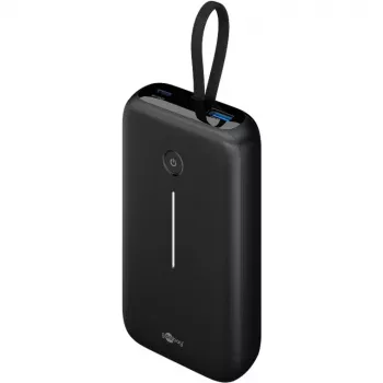 Powerbank 20.000 mAh, integrēts USB-C kabelis 13 cm, 30 W (melns, 20 Ah, 1x USB-A, 2x USB-C, PD, QC)