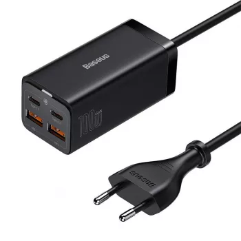 Baseus GaN3 Pro CCGP000101 galda lādētājs 100 W, 2x USB-C + 2x USB-A, PD 3.0, QC 4.0+, 1,5 m kabelis, melns