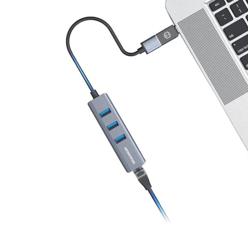 GRAUGEAR USB centrmezgls G-HUB31L-A — USB 3.2 Gen 1 Type-A resursdators, 3x USB 3.2 Gen 1 Type-A pieslēgvietas + RJ-45, 5000 Mbit/s