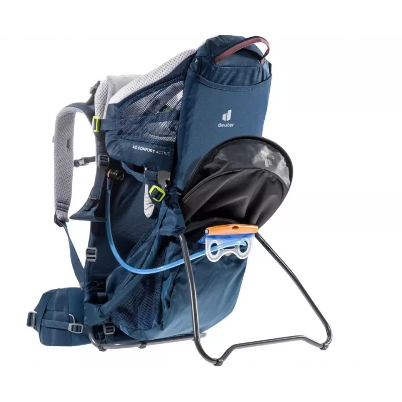 Bērnu pārnēsājamā mugursoma DEUTER Kid Comfort Active — zila, poliamīds, līdz 22 kg, saulessargs, kāju balsts, VariQuick, Lite Air