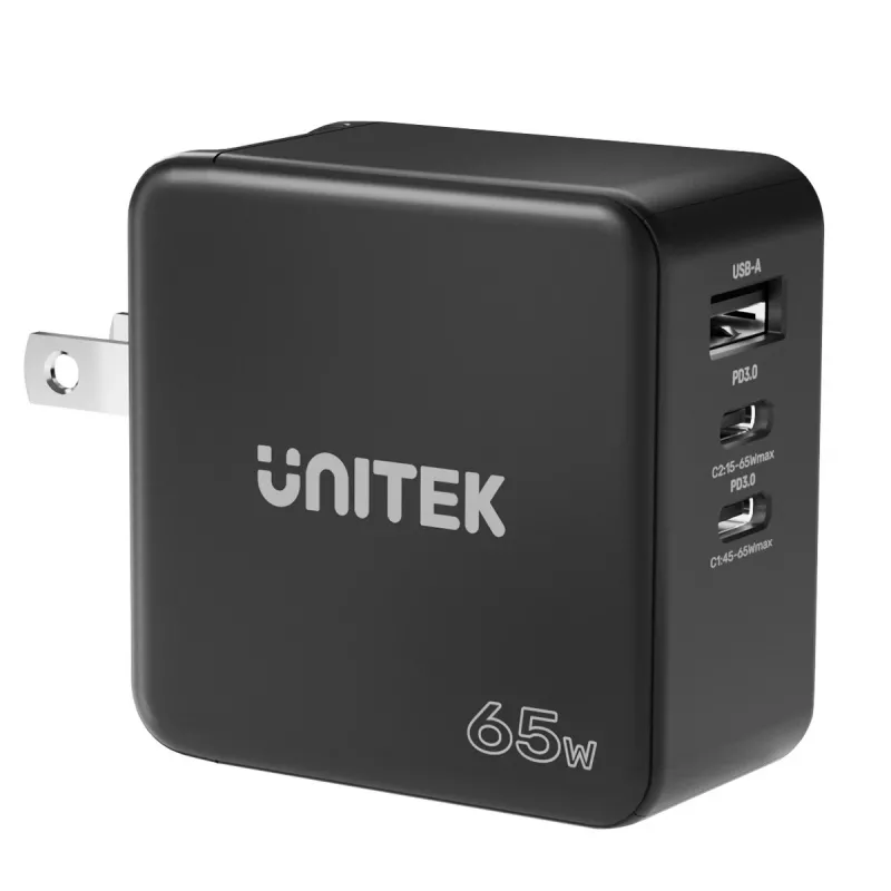 Unitek P1117B USB-C PD 65W universāls mobilais lādētājs, 2x USB‑C PD + 1x USB‑A, melns