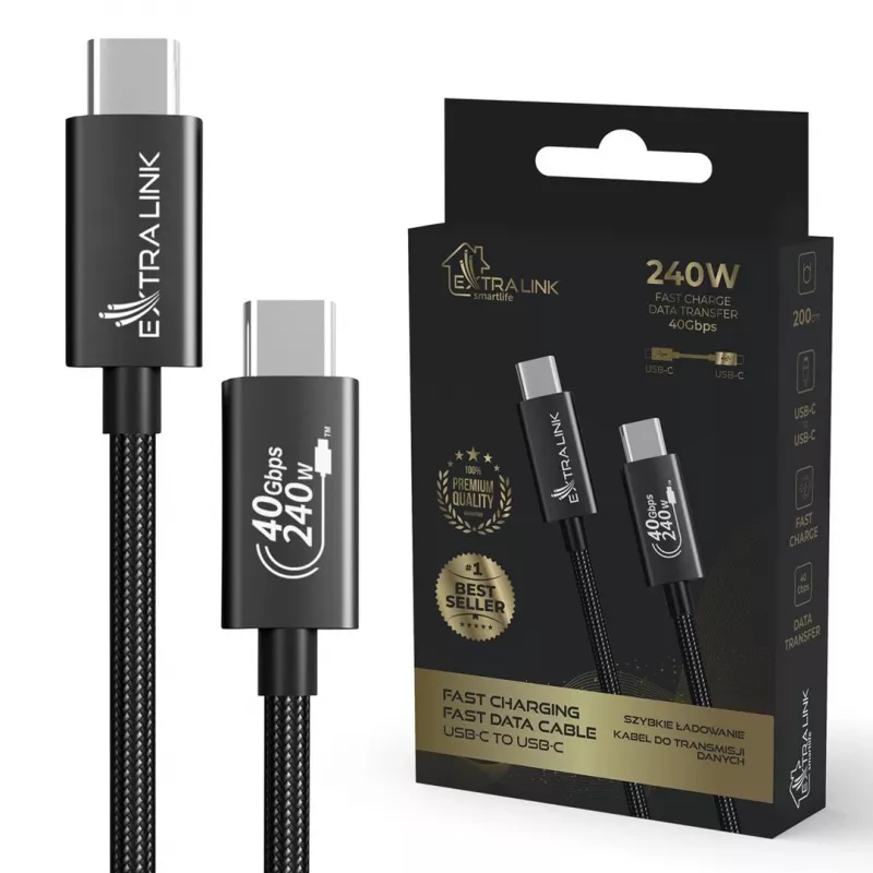 USB C uz USB C kabelis Extralink CABESL05 — 2 m, USB 2.0, melns